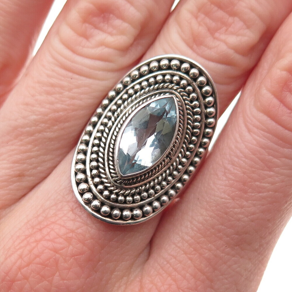 925 Sterling Silver Vintage Real Blue Topaz Modernist Beaded Ring Size 7.25